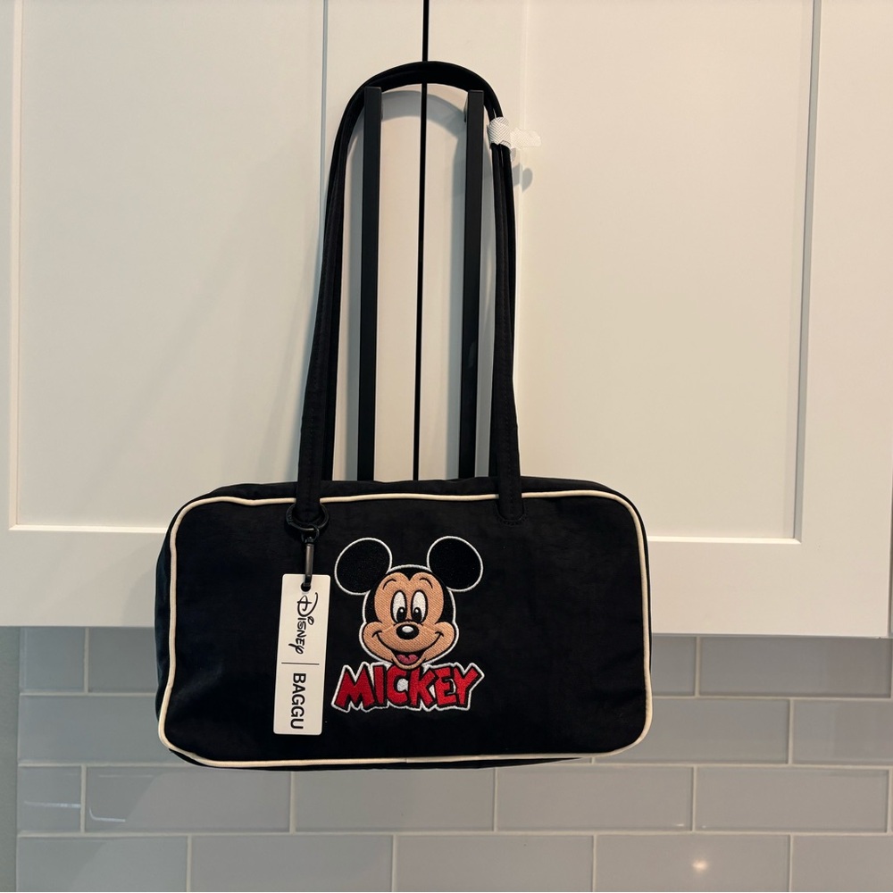 BAGGU Black Canvas Mickey Embroidered Shoulder Bag